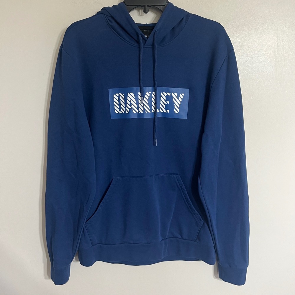 Oakley Mens Custom Fit Fleece Hoodie Blue Striped Box‎ Logo Sweatshirt Large
